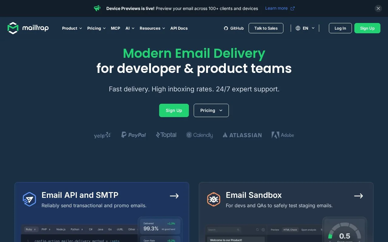 Screenshot of the Mailtrap homepage