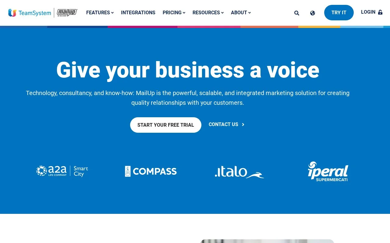 Screenshot of the MailUp homepage