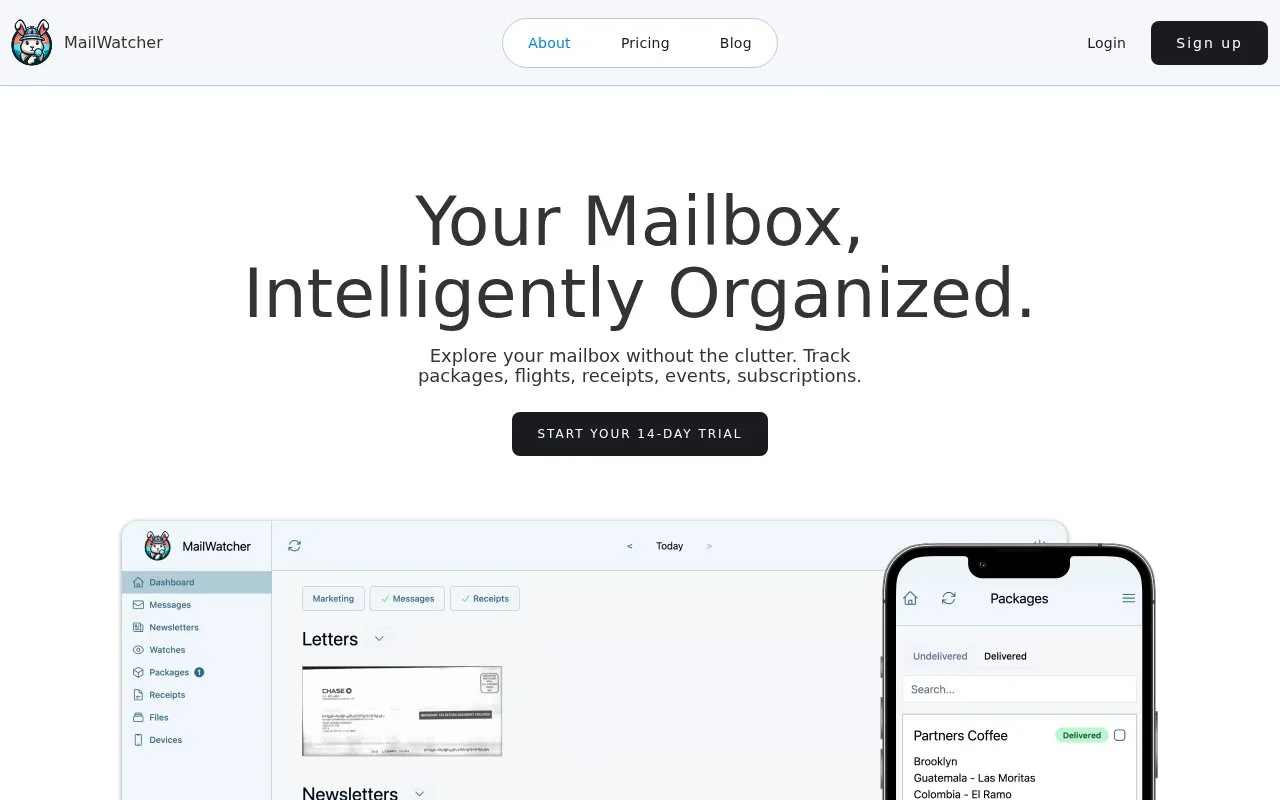 Screenshot of the MailWatcher homepage