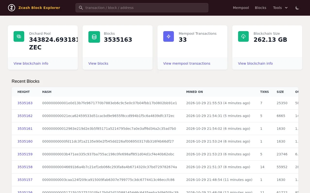 Screenshot of the Zcash Block Explorer homepage