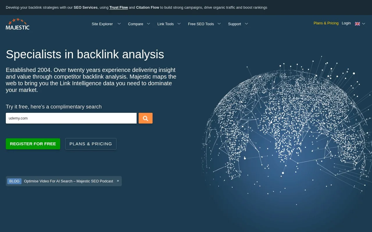 Screenshot of the Majestic homepage