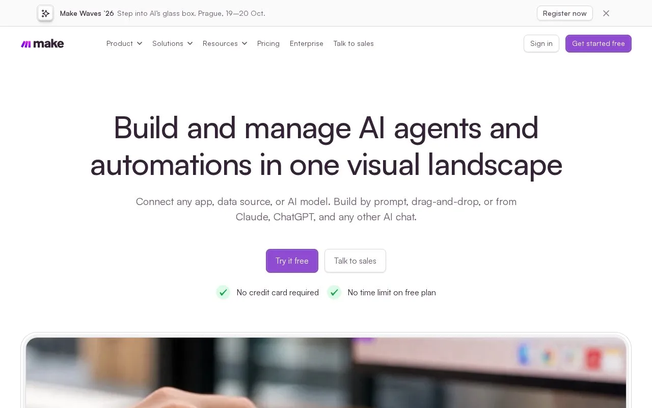 Screenshot of the Make homepage