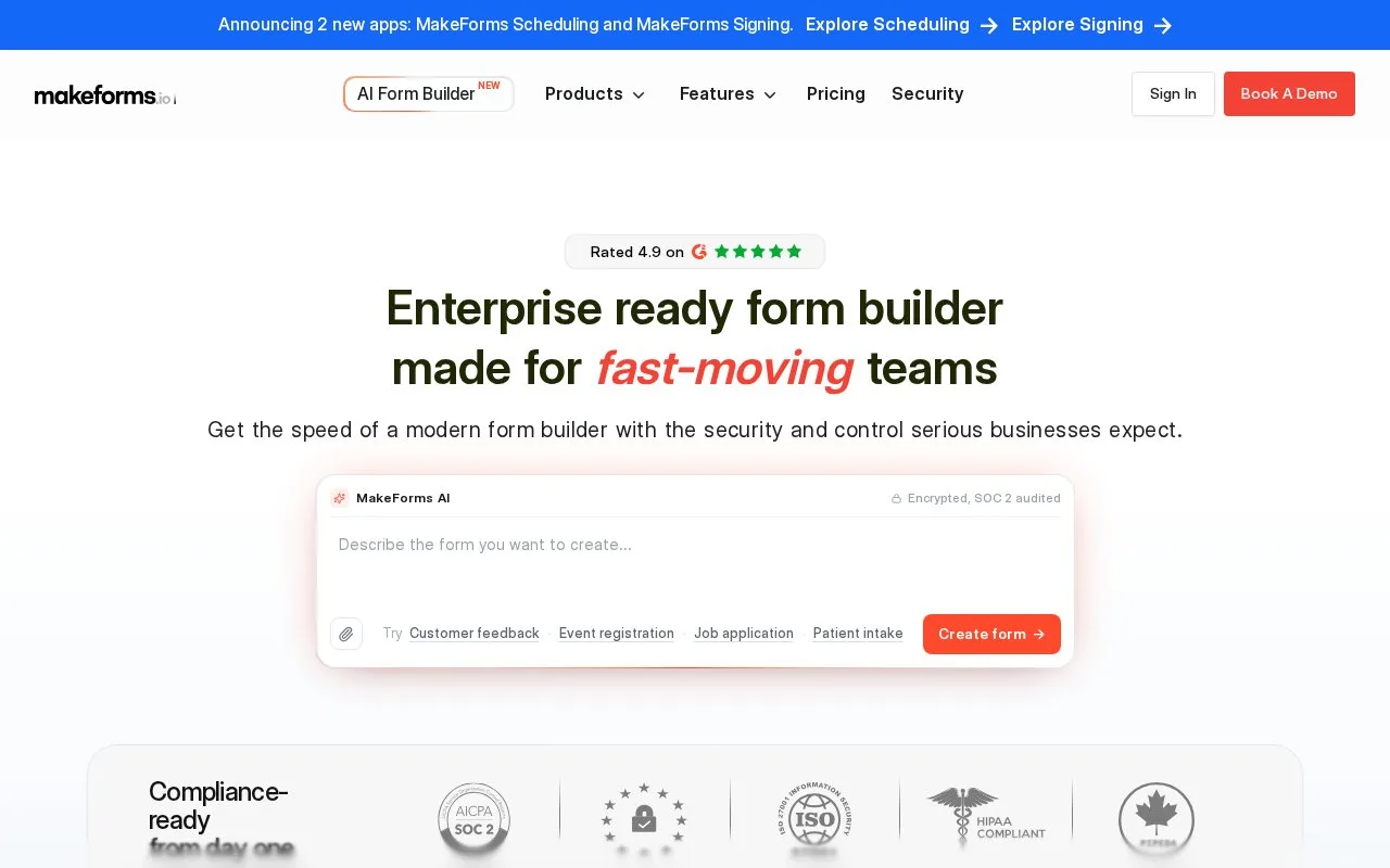 Screenshot of the MakeForms homepage