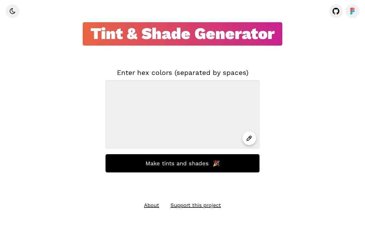 Screenshot of the Tint & Shade Generator homepage