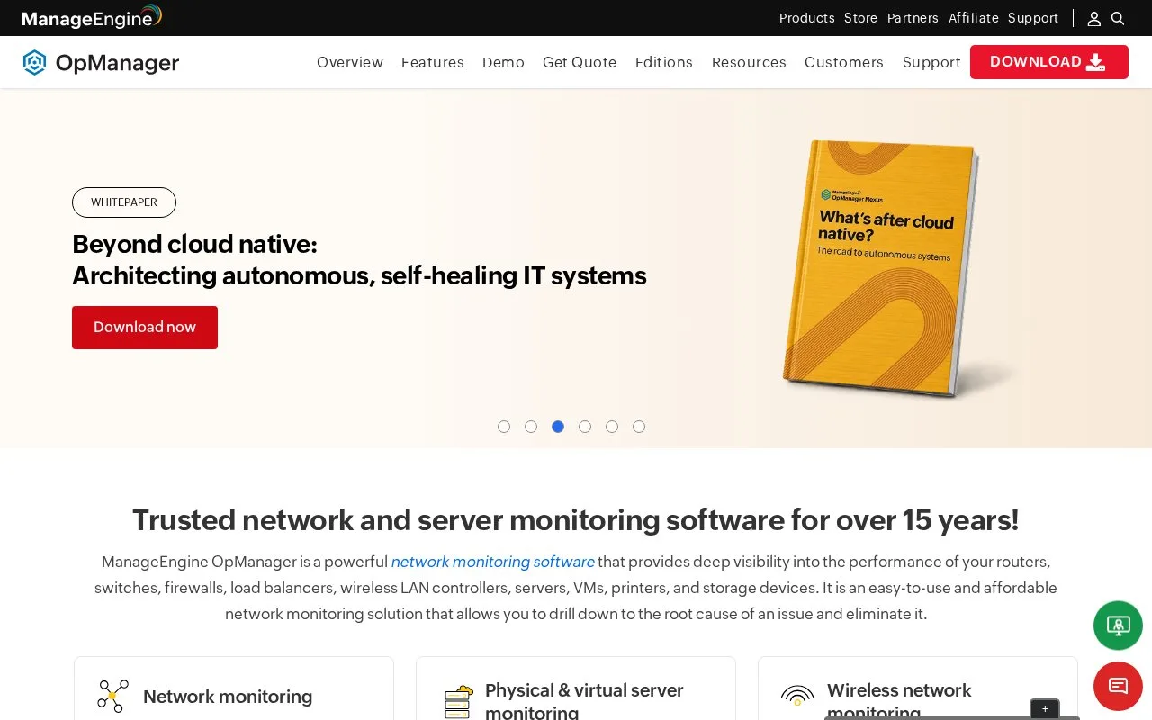 Screenshot of the ManageEngine OpManager homepage