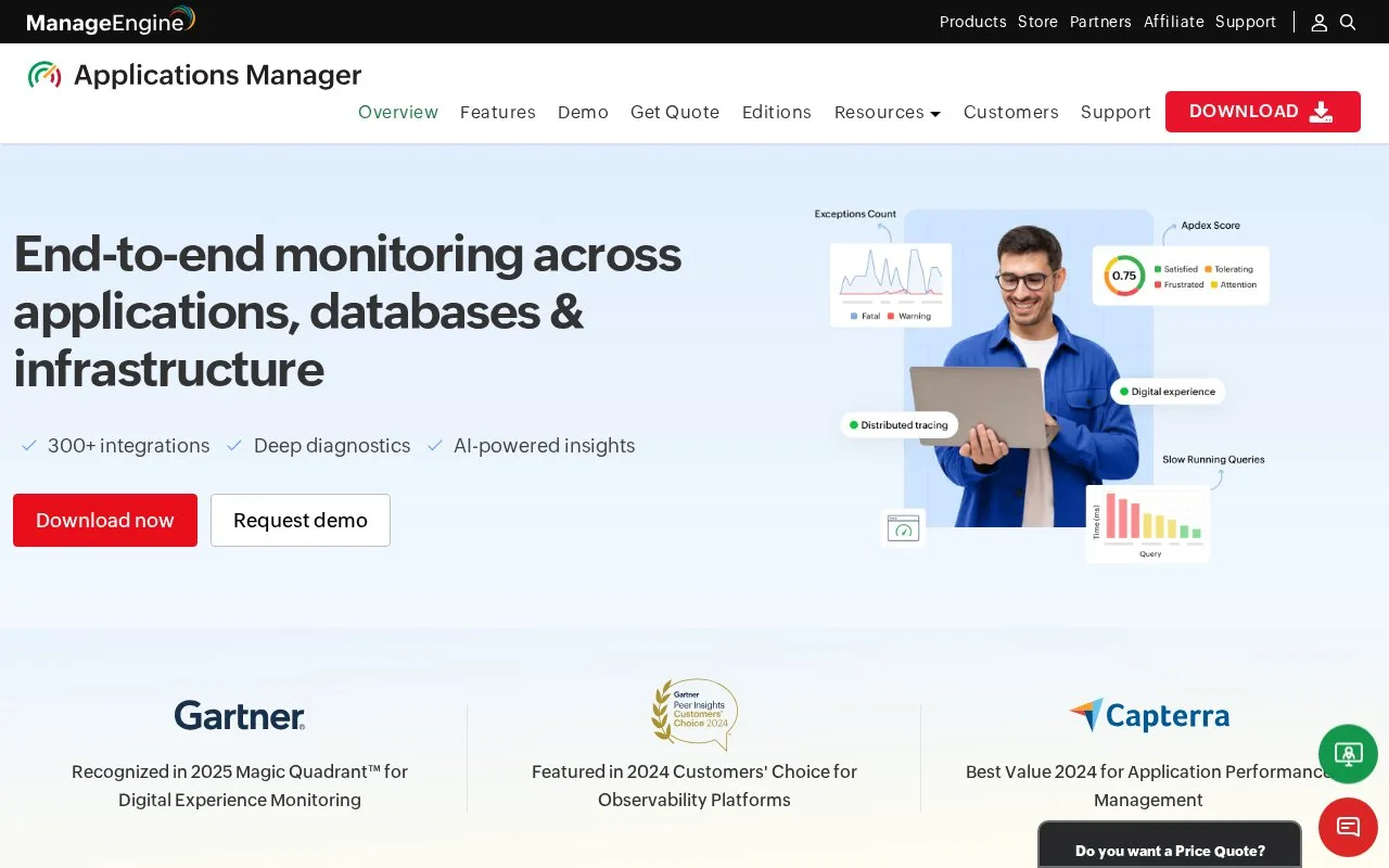 Screenshot of the ManageEngine Applications Manager homepage