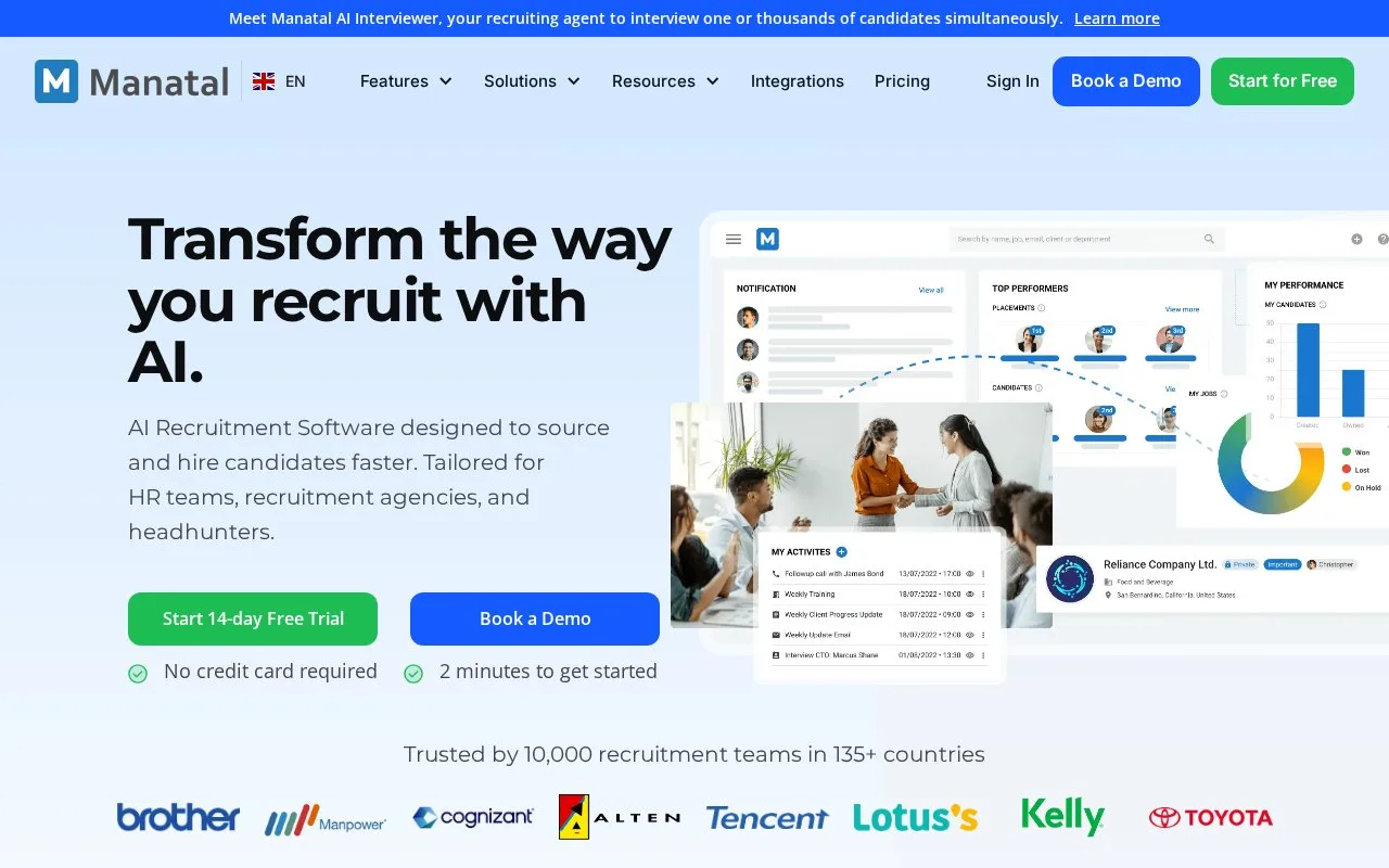 Screenshot of the Manatal homepage