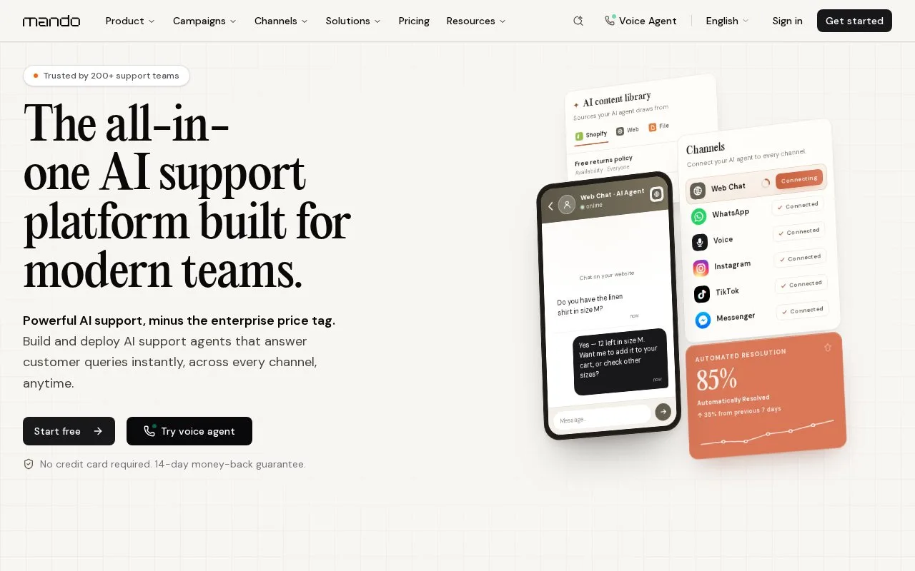 Screenshot of the Mando AI homepage
