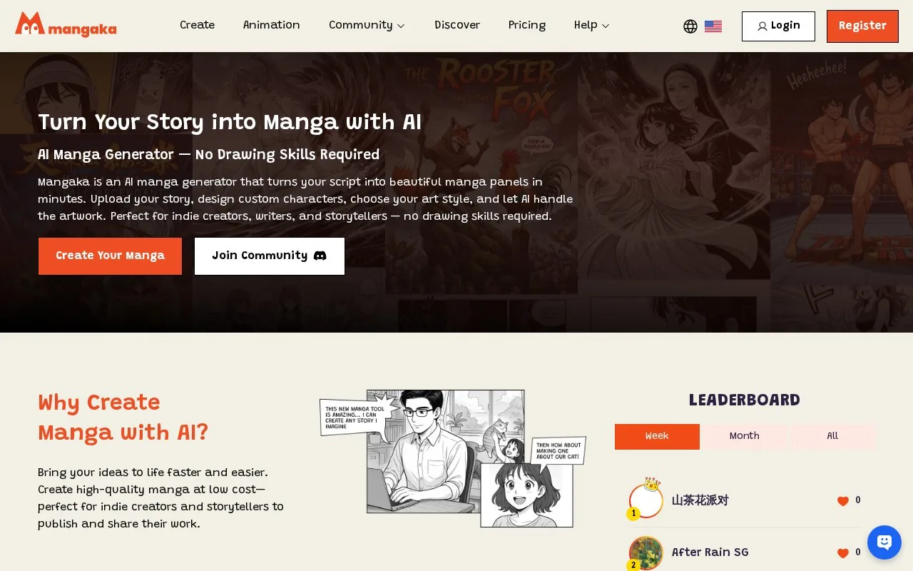 Screenshot of the Mangaka homepage