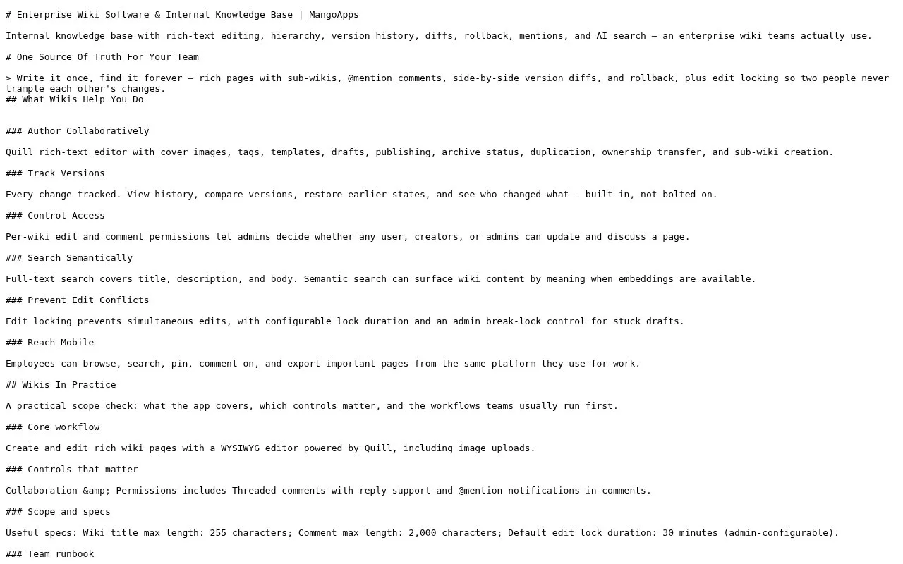 Screenshot of the MangoApps Wikis homepage