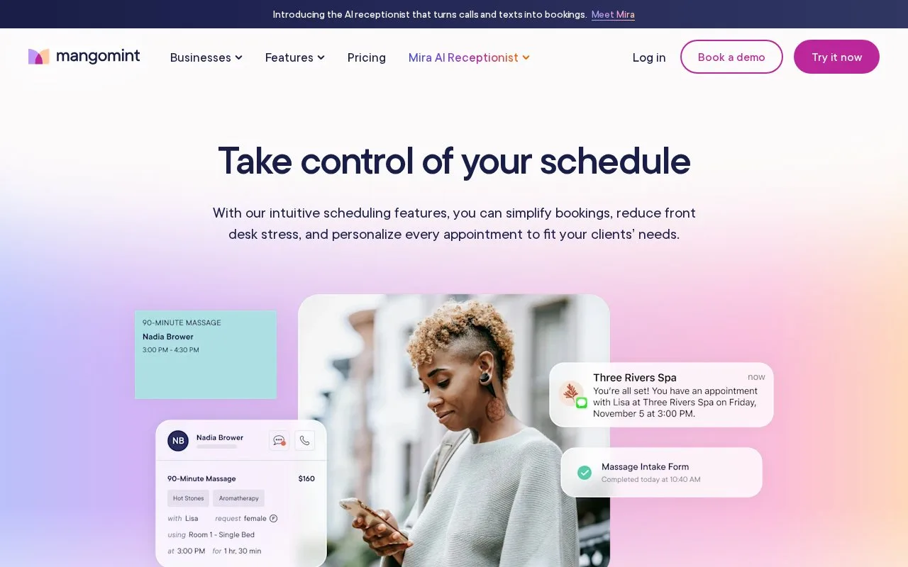 Screenshot of the Mangomint homepage