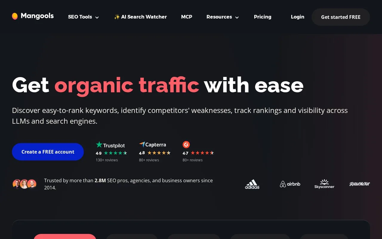 Screenshot of the Mangools homepage
