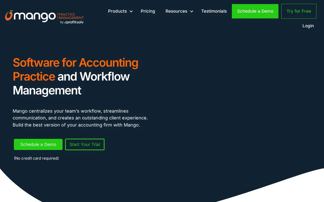 Screenshot of the Mango Practice Management homepage