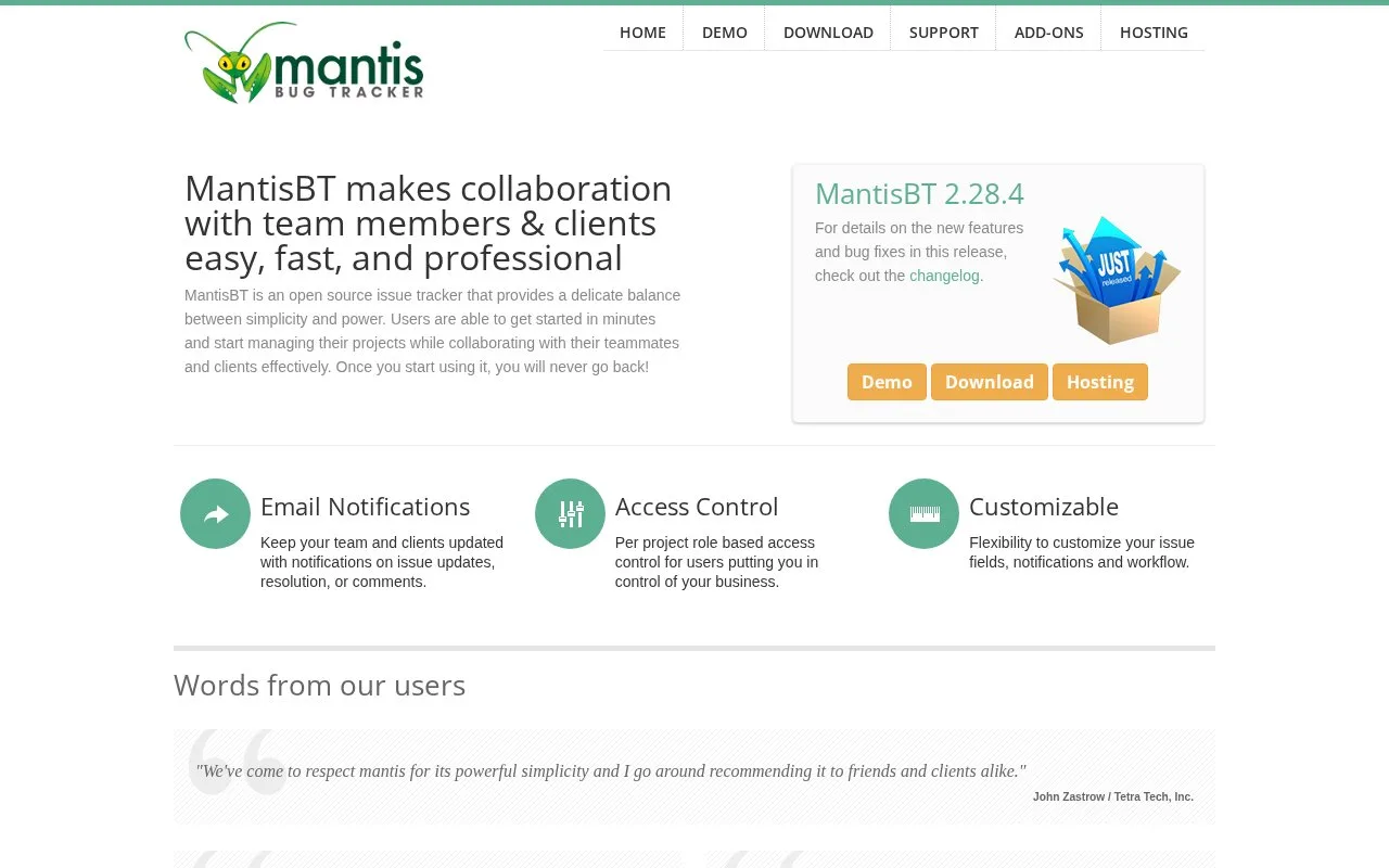 Screenshot of the MantisBT homepage