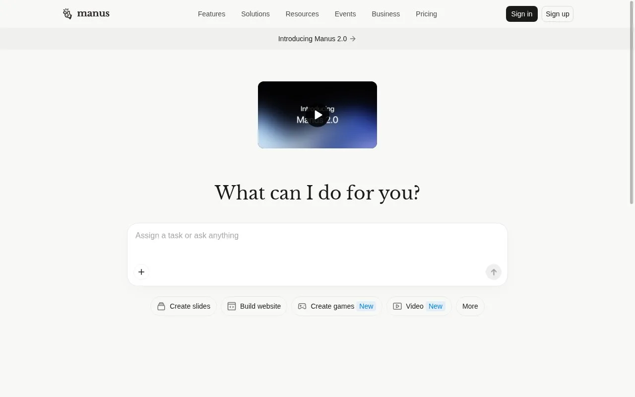 Screenshot of the Manus homepage