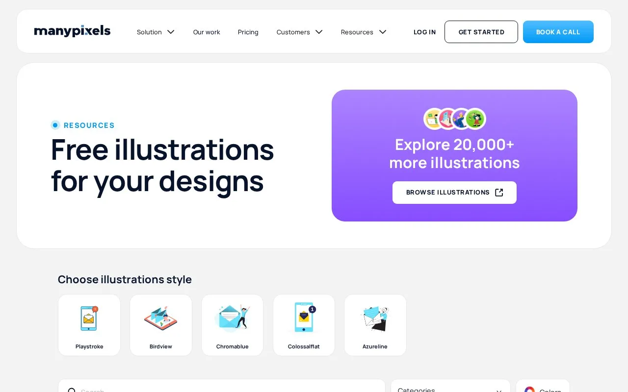 Screenshot of the ManyPixels Illustration Gallery homepage