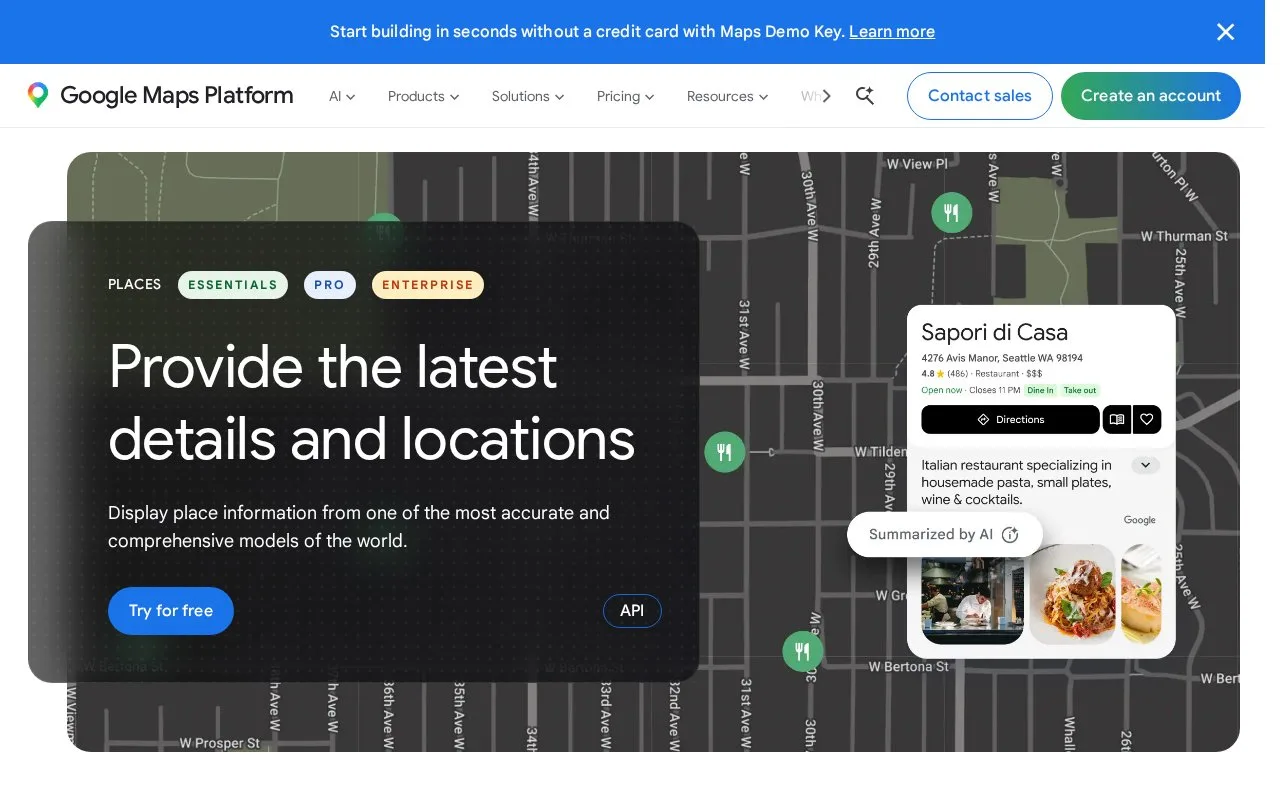 Screenshot of the Google Maps Platform Places API homepage
