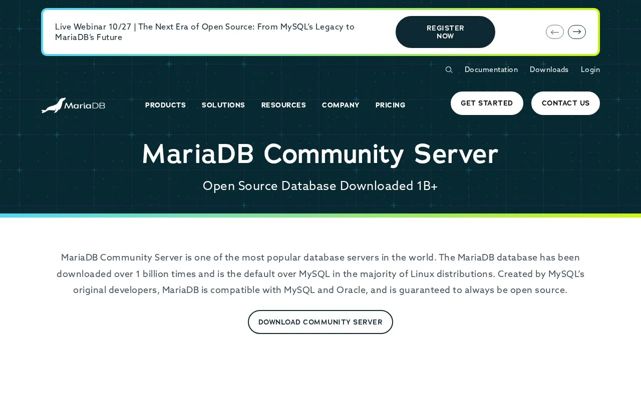 Screenshot of the MariaDB Community Server homepage