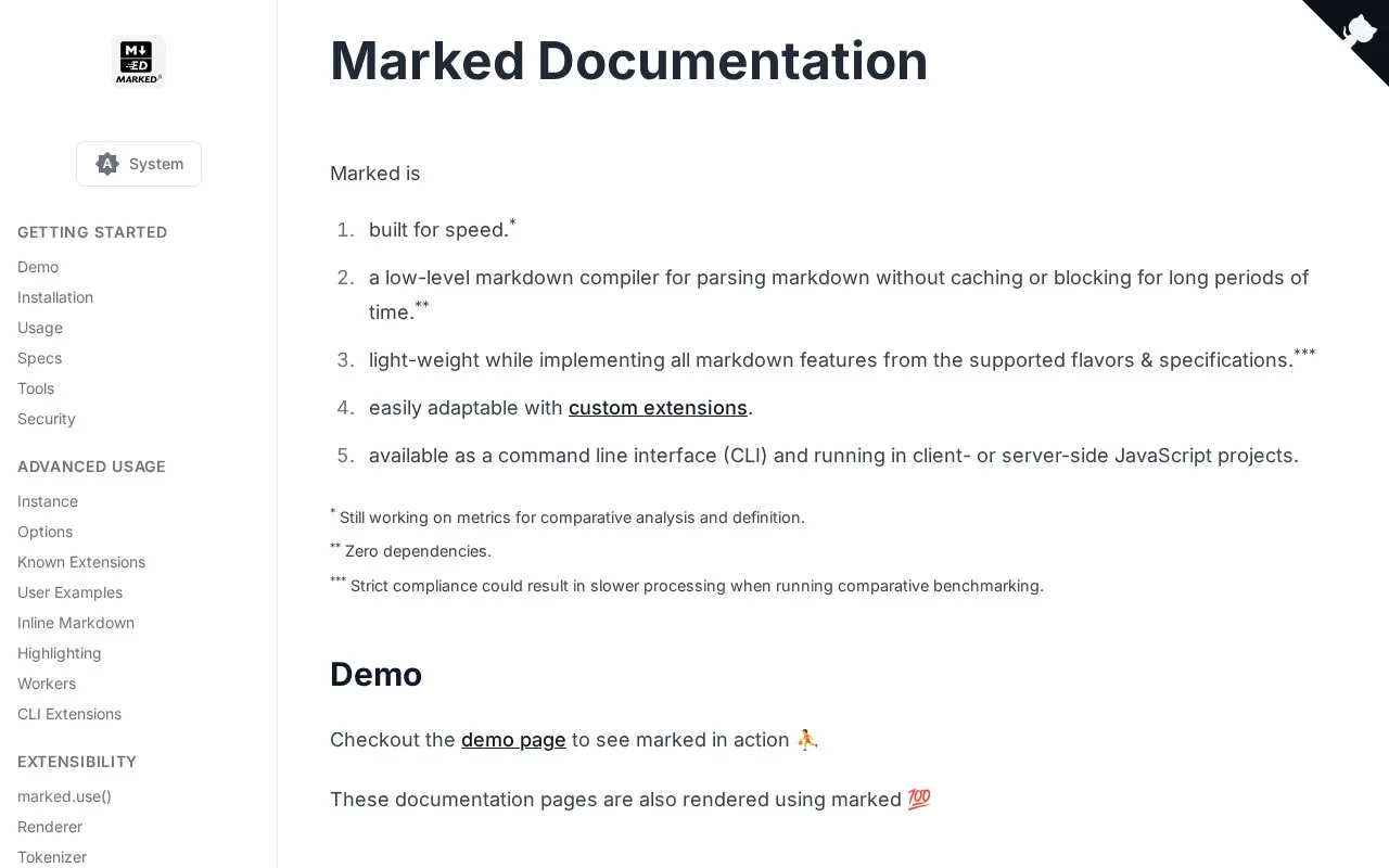 Screenshot of the Marked homepage