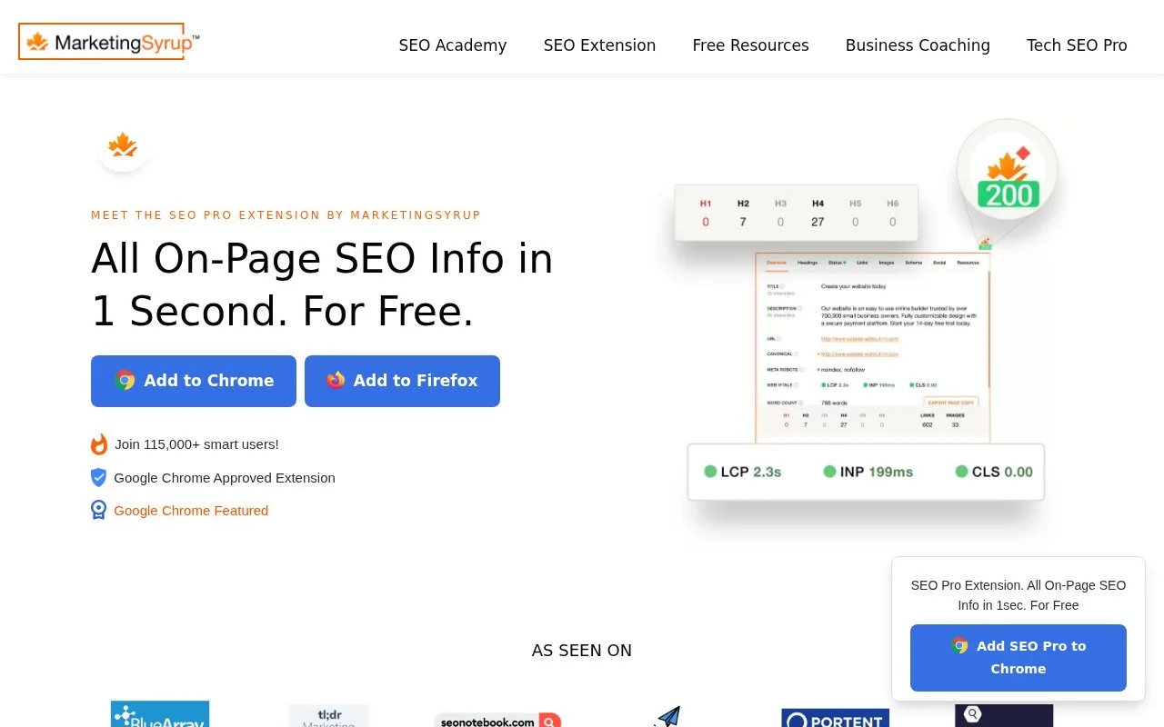 Screenshot of the SEO Pro Extension by MarketingSyrup homepage