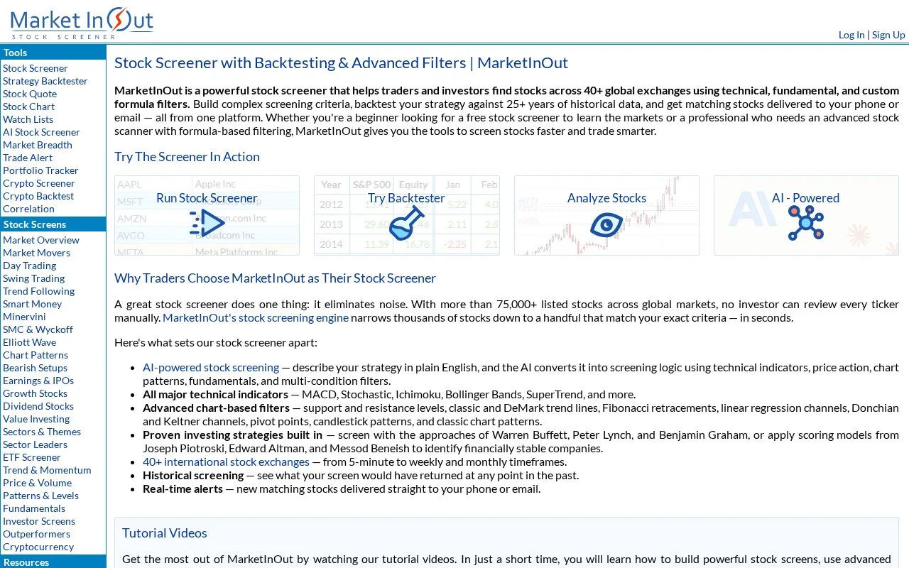 Screenshot of the MarketInOut homepage