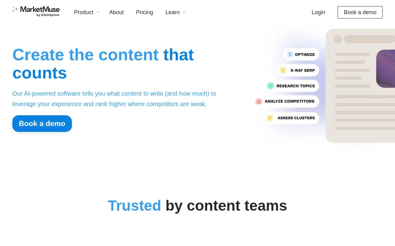 Screenshot of the MarketMuse homepage
