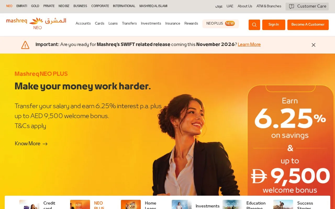 Screenshot of the Mashreq homepage