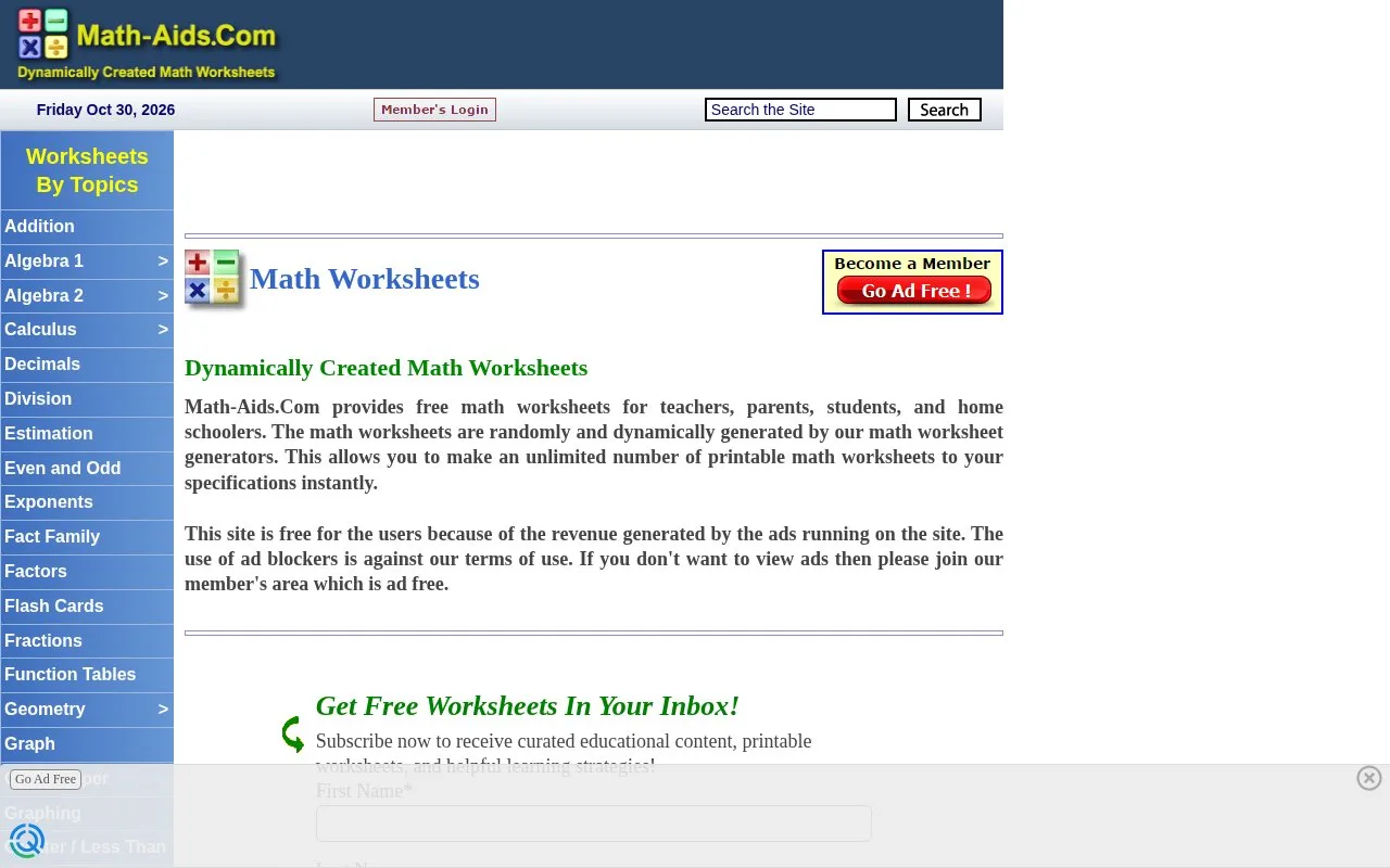 Screenshot of the Math-Aids.com homepage