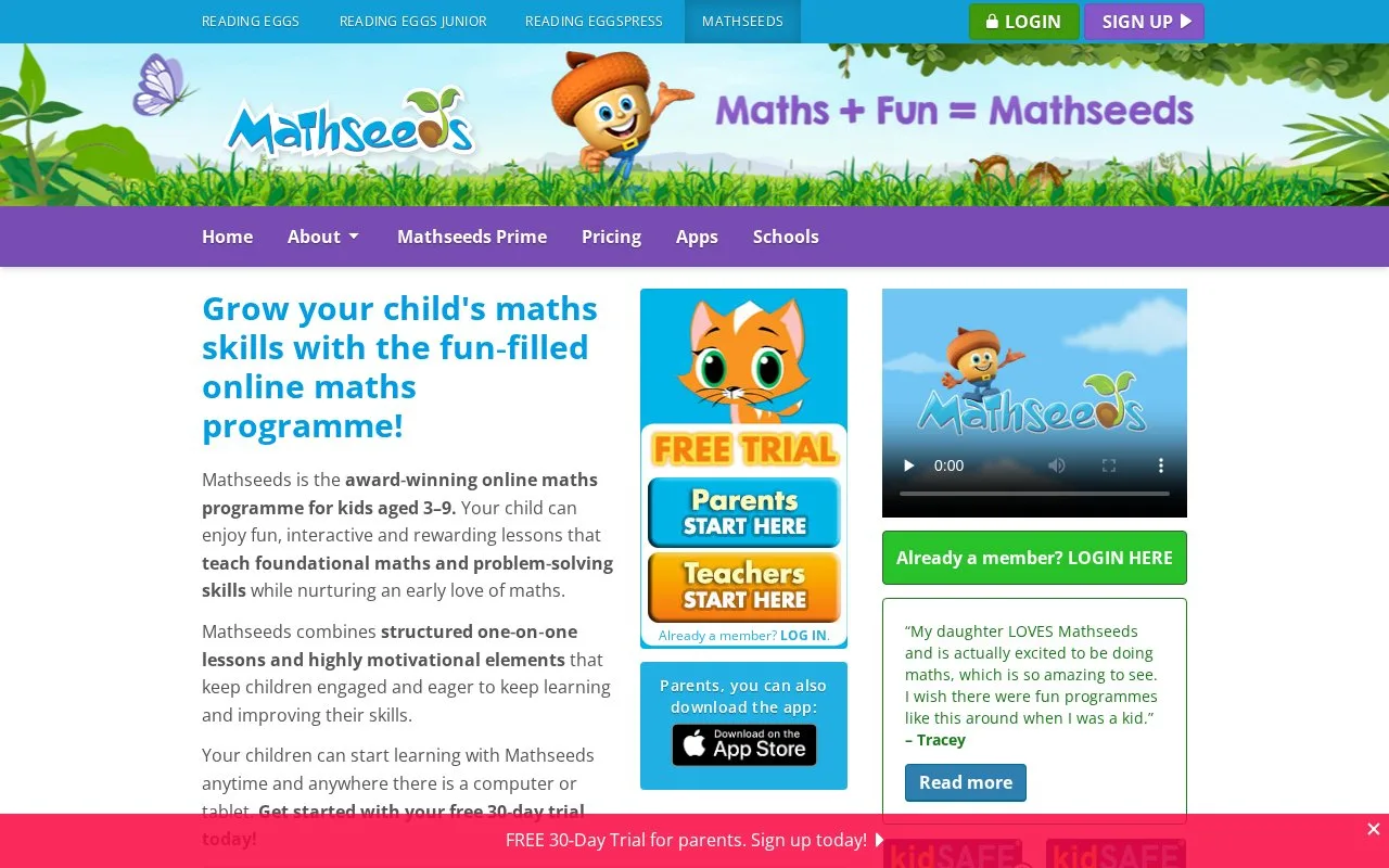 Screenshot of the Mathseeds homepage