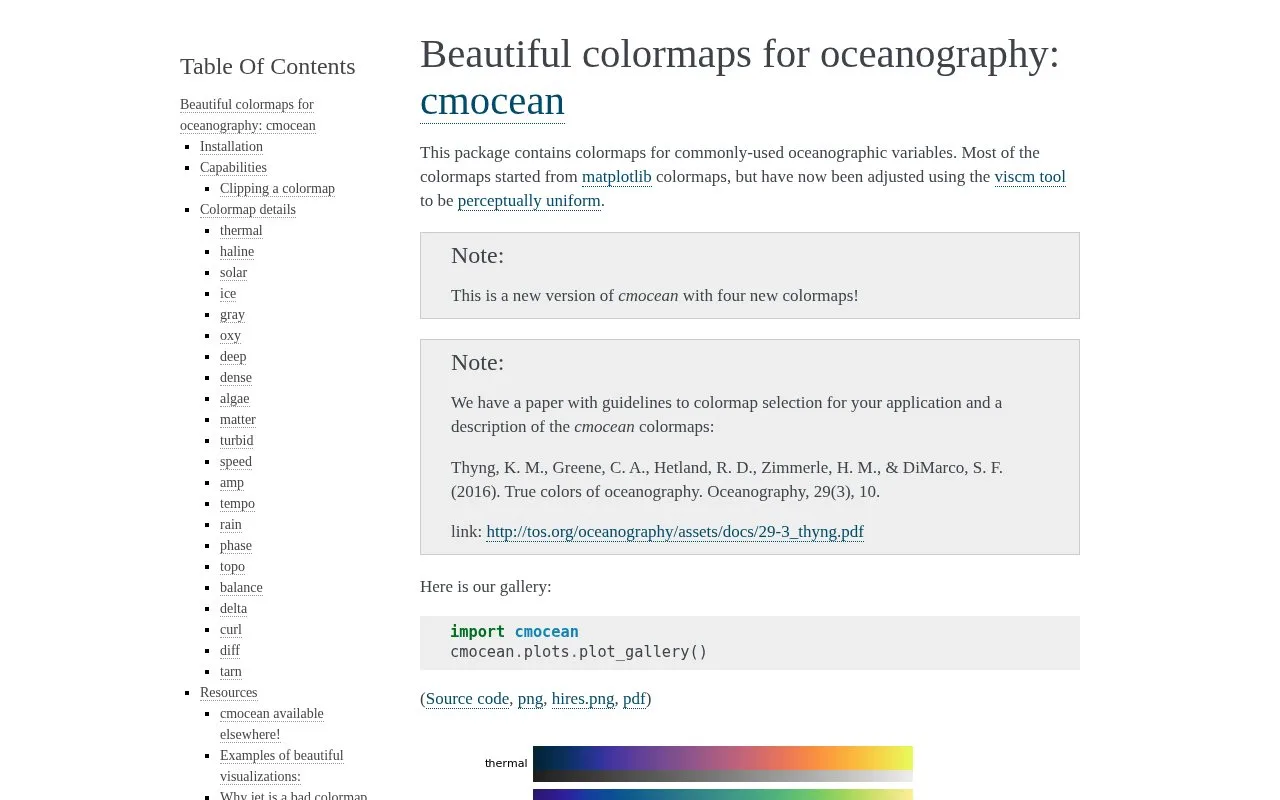 Screenshot of the cmocean homepage
