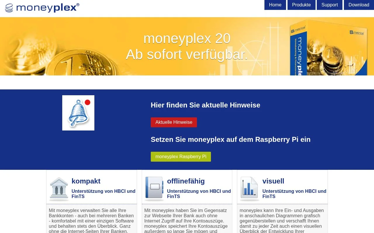 Screenshot of the moneyplex homepage