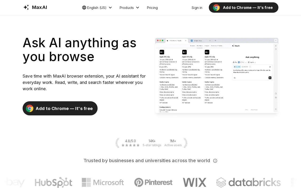 Screenshot of the MaxAI homepage