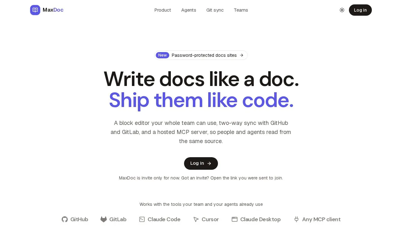 Screenshot of the MaxDoc homepage