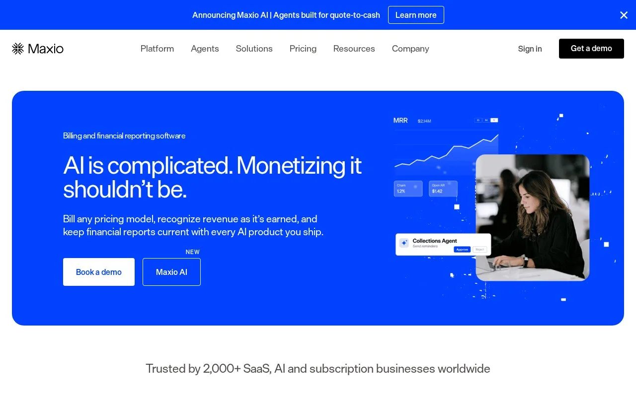 Screenshot of the Maxio homepage