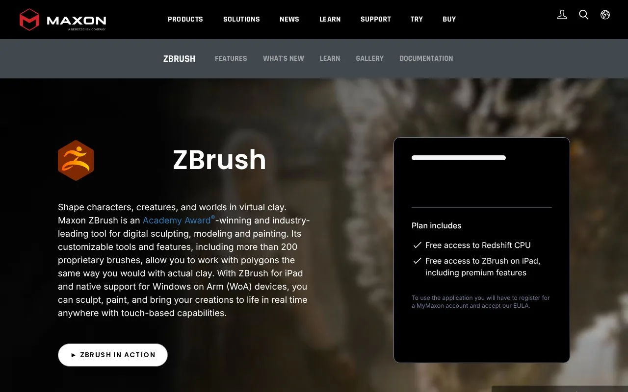 Screenshot of the ZBrush homepage