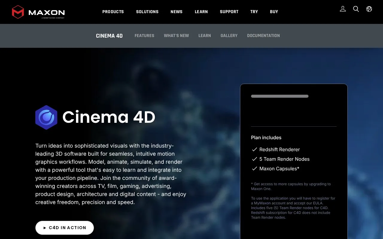 Screenshot of the Cinema 4D homepage
