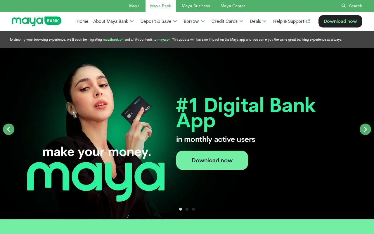 Screenshot of the Maya Bank homepage