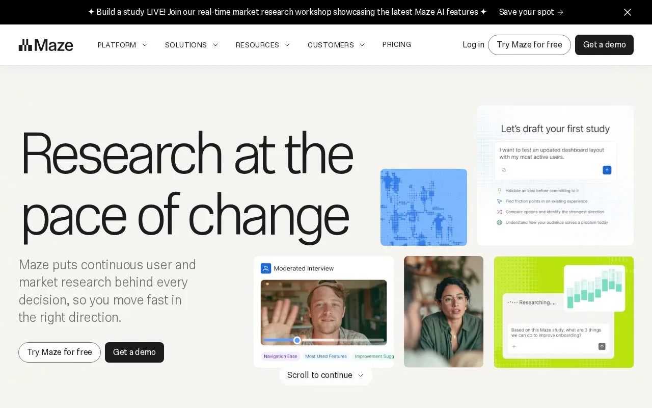 Screenshot of the Maze homepage