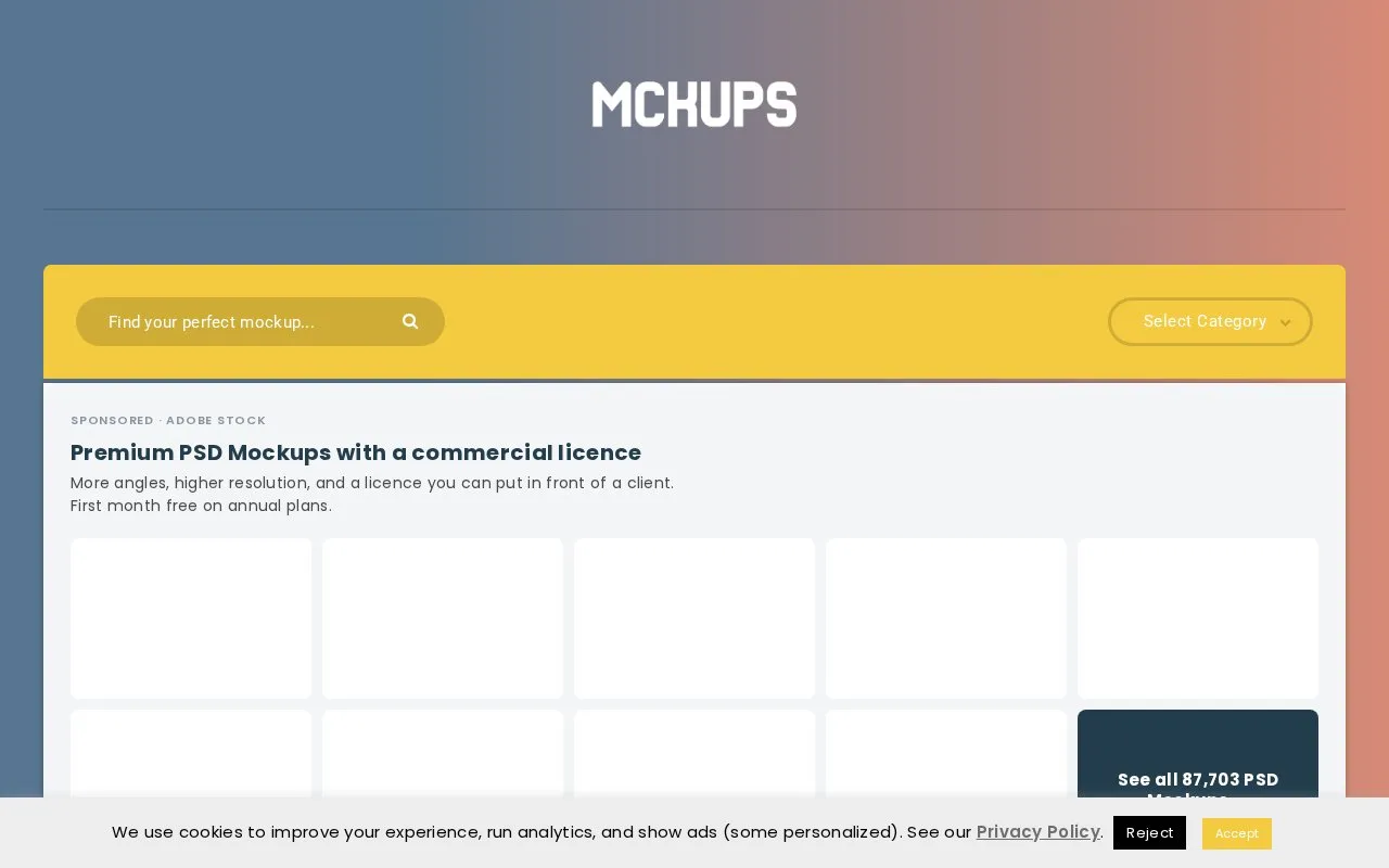 Screenshot of the Mckups homepage
