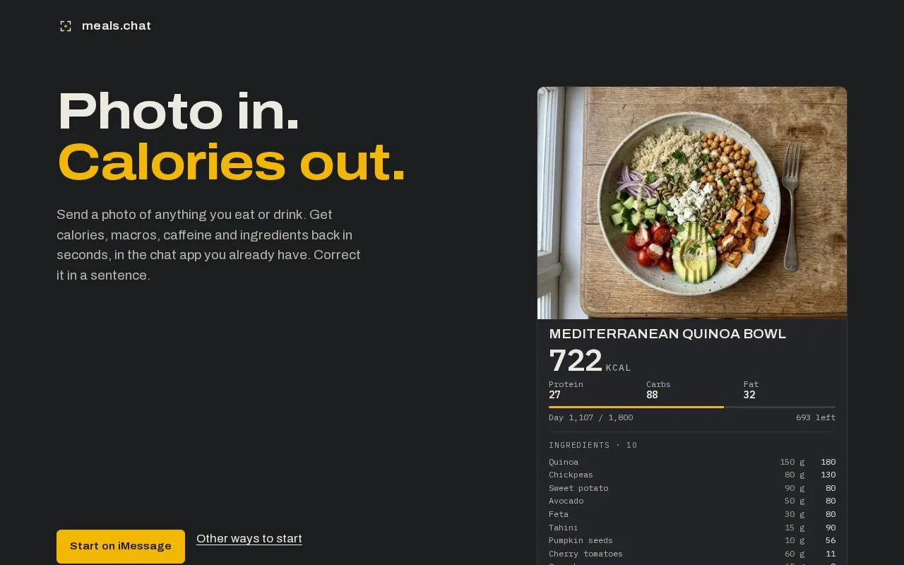 Screenshot of the Meals.Chat homepage