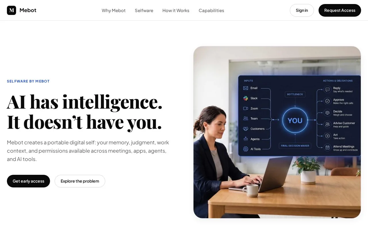 Screenshot of the Mebot homepage