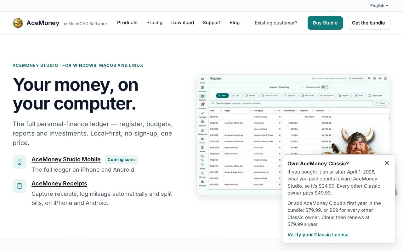 Screenshot of the AceMoney homepage