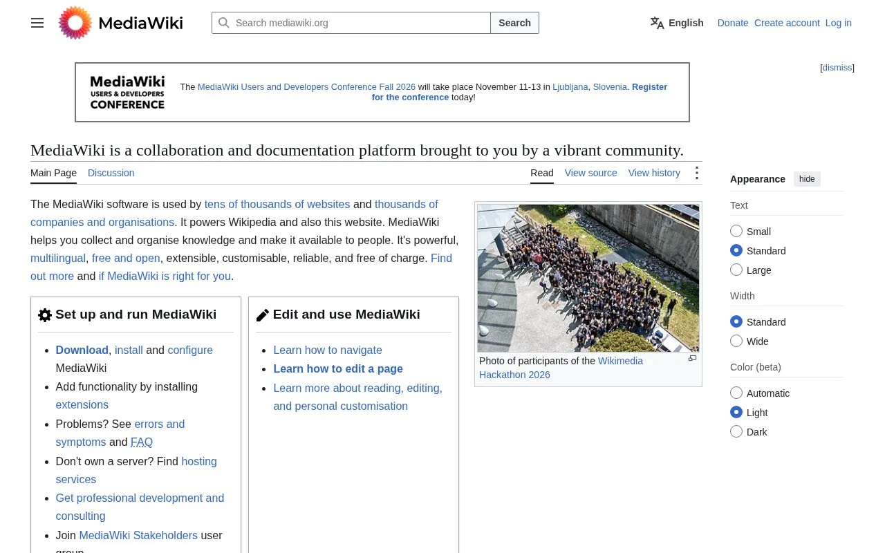 Screenshot of the MediaWiki homepage