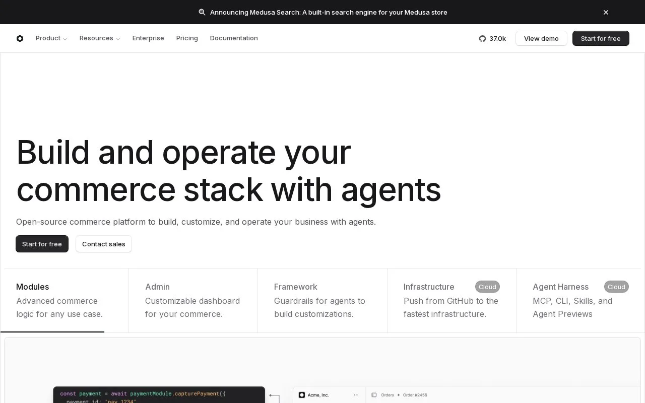 Screenshot of the Medusa homepage