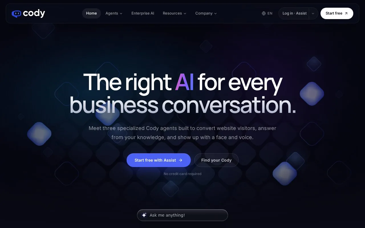 Screenshot of the Cody AI homepage