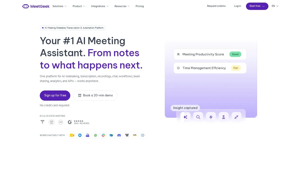 Screenshot of the MeetGeek homepage