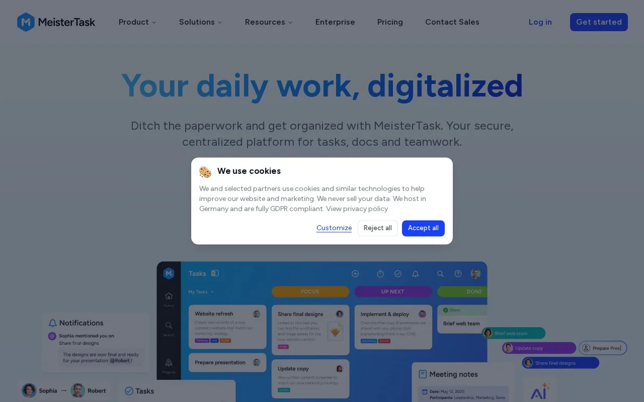 Screenshot of the MeisterTask homepage