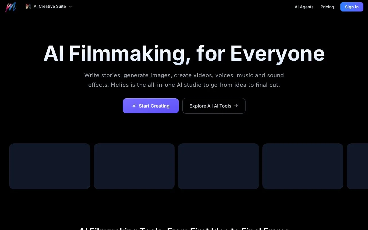 Screenshot of the Melies homepage