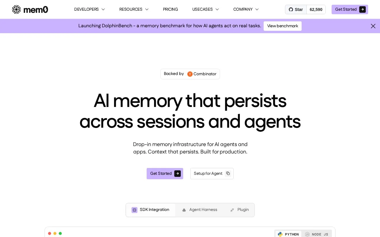 Screenshot of the Mem0 homepage