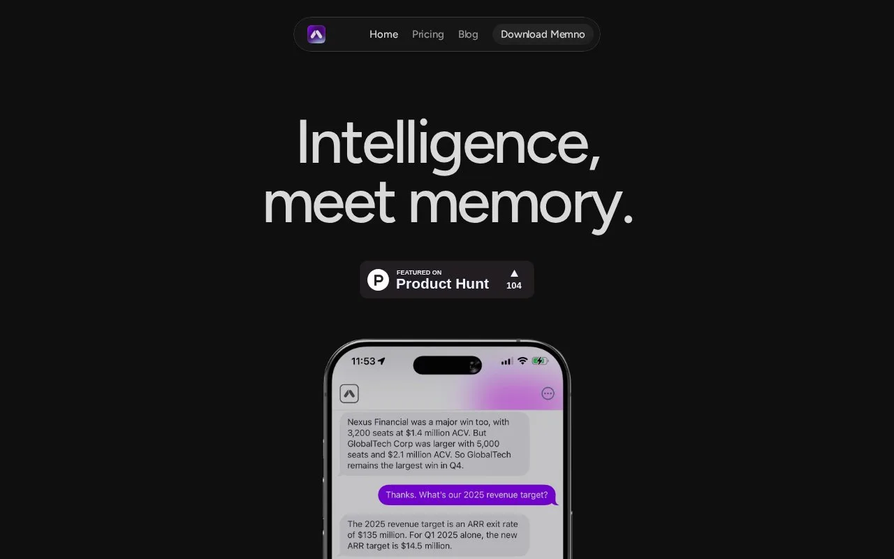 Screenshot of the Memno homepage